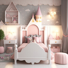 Children's room decor in pastel colors, princess room, generative AI - obrazy, fototapety, plakaty