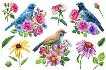 Set Spring bird and flower, watercolor illustration floral on isolated white background. 