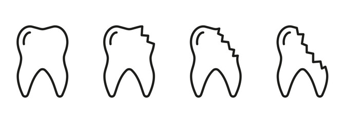 Chipped Tooth Line Icon Set. Broken Cracked Teeth. Dentistry Outline Symbol. Medical Dental Problem Stages Linear Pictogram. Dental Treatment Sign. Editable Stroke. Isolated Vector Illustration