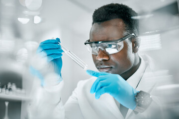 Doctor, test tube or black man in science laboratory on DNA research, medical and medicine data...