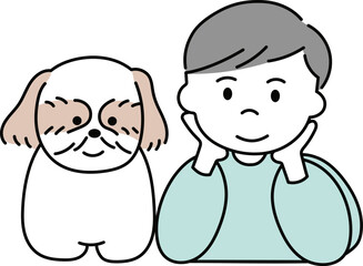 シーズーと肘をついている男の子