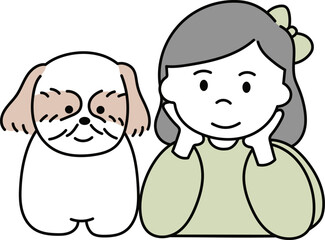 シーズーと肘をついている女の子