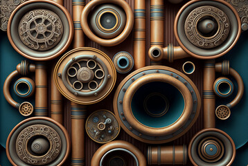 Vintage grayscale Machinery tubes steampunk background. Generative AI