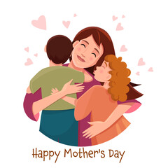 Children hug mother, family, happiness, mother's day, love. Vector graphics isolated on a white background