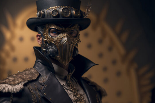 Portrait of a Steampunk Man with Mask and Top Hat - Generative AI