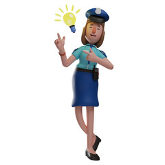  3D illustration. Smart 3D Police Woman Character has a new idea. with a pose pointing to a lamp bulb. with legs crossed to the side. 3D Cartoon Character