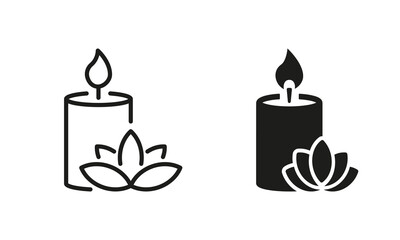 Scented Candle and Flower Silhouette and Line Icon Set. Aroma Therapy Diffuser Light Pictogram. Burning Candle in Jar Aromatherapy Icon. Candlelight. Editable Stroke. Isolated Vector Illustration