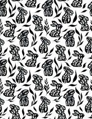 Vector seamless pattern with monochrome decorated rabbits and leaves. Texture with black folk art hares and foliages on white background.