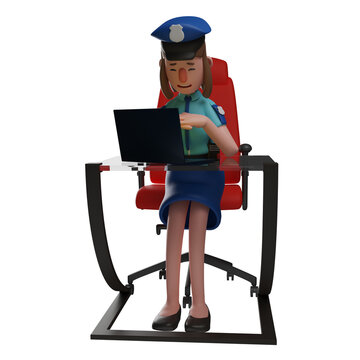   3D illustration. 3D Cartoon Image of Police Woman working with laptop. sat on the red chair. showing a serious facial expression. 3D Cartoon Character