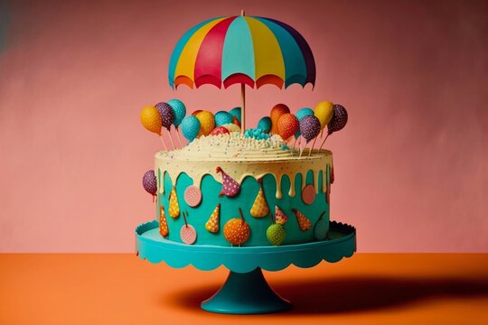 A photo of a bold and colorful birthday cake with bright, patterned frosting and a festive flag, set against a backdrop of bright umbrellas and balloons