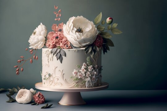 A photo of a classic and elegant cake featuring delicate buttercream frosting, beautiful sugar flowers, and a timeless design, set against a serene and sophisticated background