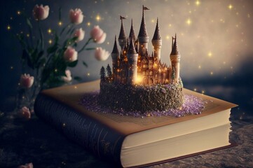 A picture depicts a dreamy birthday cake in the style of a fairy tale, featuring a whimsical castle, delicate flowers, and enchanting creatures such as fairies and unicorns. The background is stunning
