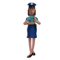  3D illustration. 3D Police Woman Cartoon Character holding a mobile phone. showing a cute smile. have a handy talkie. 3D Cartoon Character