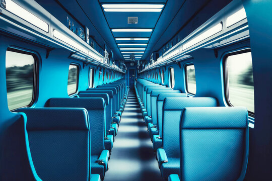 Empty Carriage With Soft Blue Train Interior Seats