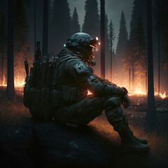 Soldier with an assault rifle and tactical gear, sitting near a campfire in a forest, very dark night, Generative AI - obrazy, fototapety, plakaty