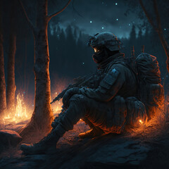 Soldier with an assault rifle and tactical gear, sitting near a campfire in a forest, very dark night, Generative AI - obrazy, fototapety, plakaty