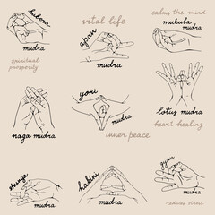 Healing hand mudras collection in vector