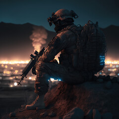 Soldier with an assault rifle and tactical gear, sitting near a campfire in a forest, very dark night, Generative AI