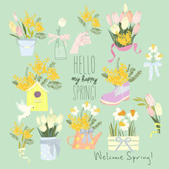Cartoon Set with Fresh Spring Flowers Bouquets