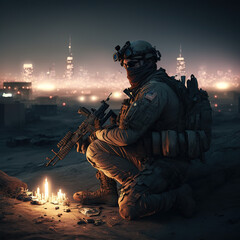 Soldier with an assault rifle and tactical gear, sitting near a campfire in a forest, very dark night, Generative AI