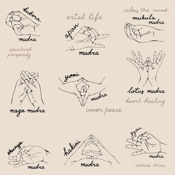 Healing hand mudras collection in vector