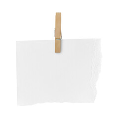 Wooden clip and white paper torn isolated on transparent background PNG file.