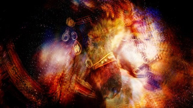 Two horses with ornate harness in close-up view, on abstract structured space background. Loop Animation