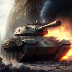 a burning tank driving through the streets destroyed after the war. Generative ai - obrazy, fototapety, plakaty