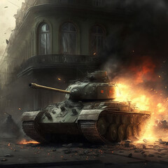 a burning tank driving through the streets destroyed after the war. Generative ai