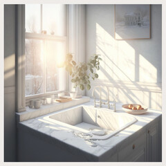 a kitchen with a sink and a window in the backround of the room and a potted plant on the counter top of the sink. Bright interior with sunshine. Generative AI - obrazy, fototapety, plakaty