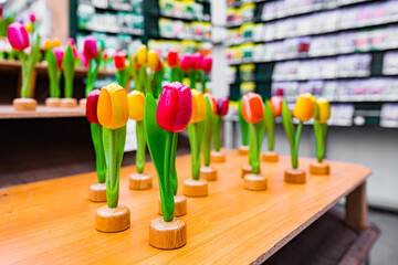 Wooden tulips at floating flower market in Amsterdam, Netherlands