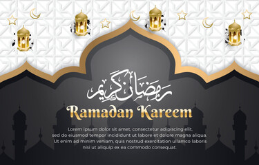 ramadan kareem banner with elegant islamic ornament and abstract gradient white and black background design