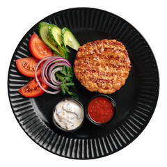 Portion of chicken cutlet with sauces and vegetables	