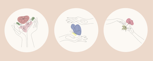 lineart set with flowers and butterflyes