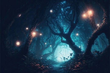Fototapeta premium Gloomy fantasy forest scene at night with glowing lights - AI Generated