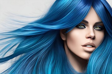 Stylized portrait of a beautiful white woman with blue electric long hair. Generative ai. 
