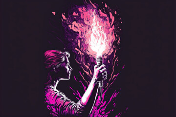 Illustration of woman with torch in vibrant violet color. concept of feminism, empowerment and gender equality. pastel colours. Space for text. - obrazy, fototapety, plakaty