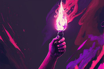 Illustration of woman's hand holding vibrant violet color fire torch and around violet smoke. concept of feminism, empowerment and gender equality. pastel colours. Space for text.