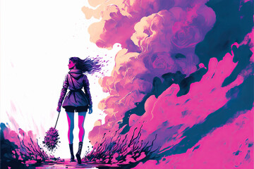 Illustration of woman with flower in hand, fire and vibrant purple smoke around. concept of feminism, empowerment and gender equality. pastel colours. Space for text. - obrazy, fototapety, plakaty