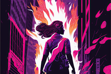 Illustration of woman in the city with fire and vibrant purple smoke around. concept of feminism, empowerment and gender equality. pastel colours. Space for text. - obrazy, fototapety, plakaty