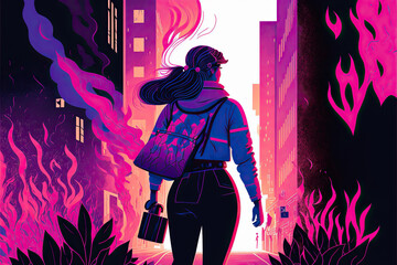 Illustration of woman with briefcase in hand, fire and vibrant purple smoke around. concept of feminism, empowerment and gender equality. pastel colours. Space for text.