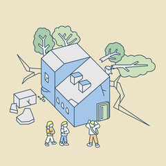 Fototapeta premium 災害と戸惑い。ひび割れる地面と不安定な建物