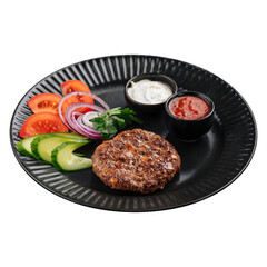 Portion of beef cutlet with sauces and vegetables