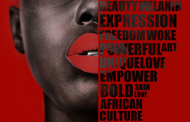 Message, empowerment and face of a black woman with words isolated on a red background in studio....