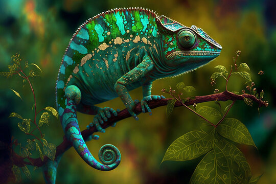 Close up of a brightly colored chameleon.Generative AI.