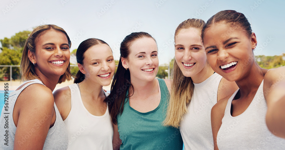 Canvas Prints Women, friends group and fitness with selfie outdoor, young tennis athlete and team in sports portrait on training court. Diversity, smile in picture and exercise with youth and sport wellness