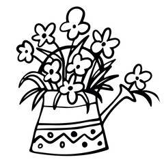 Outline watering can with flowers on white background. Spring card. Doodle. Vector illustration. Perfect for coloring book, greeting card, print, invitation.
