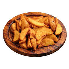 Portion of baked potato wedges on wooden plate