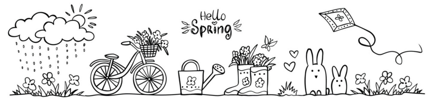 Long spring banner - set of spring elements on white background.  Vector illustration. Perfect for coloring book, greeting card, print, invitation.