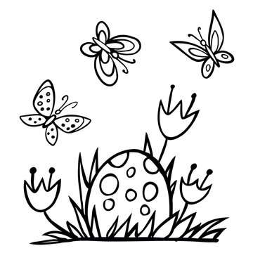 Easter egg lies in the grass on a white background. Spring. Vector illustration. Perfect for coloring book, greeting card, print, invitation.